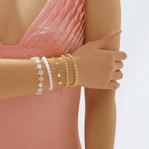 Pulsera Multicapa Minimalista para Mujer Aleación Perla Artificial de imitación Corazón Estrella Mariposa Flor Concha Joyería de Mano
