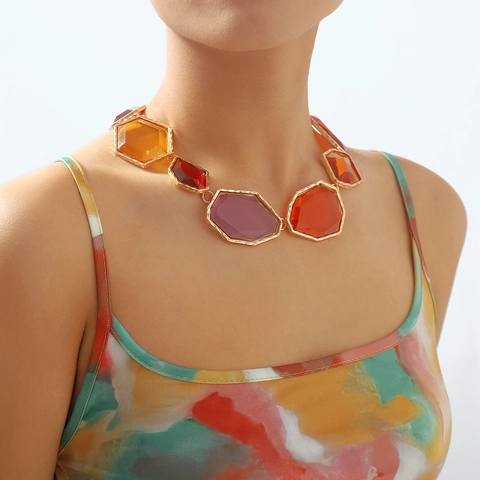 Collar de Declaración Audaz Geométrico Vintage Aleación Resina Multicolor Collar de Pendiente Grueso Pendientes de Diamante de Imitación para Mujer Joyería