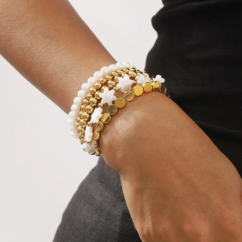 Pulsera Multicapa Minimalista para Mujer Aleación Perla Artificial de imitación Corazón Estrella Mariposa Flor Concha Joyería de Mano