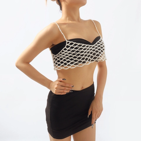 Catena per il Corpo in Perle Artificiali Fatta a Mano Reggiseno a Rete per Donna Sexy Catena da Petto Intrecciata Gioielli