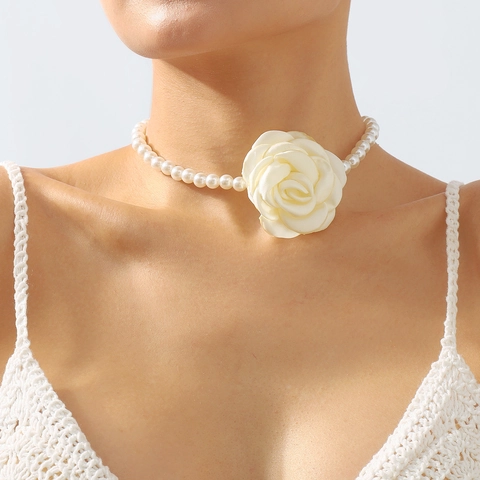 Conjunto de Collar Pendientes Pulsera de Perlas Artificiales de Imitación con Camelia Rosa de Tela Elegante Francés para Mujer Joyería Romántica