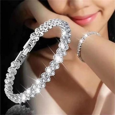 Pulsera De Eslabones De Corazón Aleación Diamante De Imitación Lujo Elegante Joyería Cadena Romana Accesorio Regalo