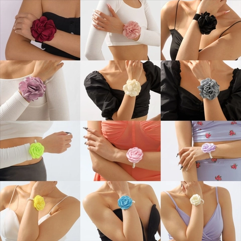 French Vintage Oversized Fabric Rose Flower Bracelet For Women Elegant Camellia Artificial Pearl Bracelet Fashion Floral Wrist Accessory