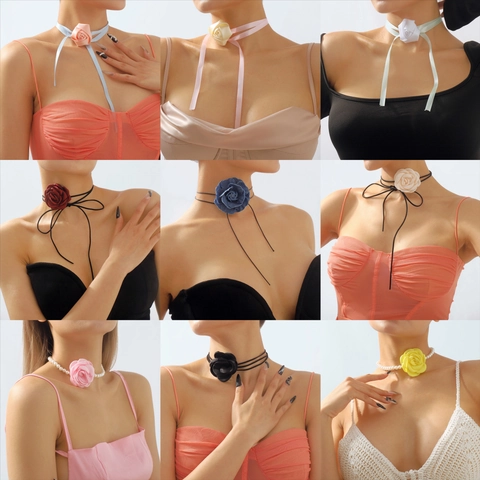 Vintage Ύφασμα Τριαντάφυλλο Λουλούδι Choker Κολιέ Κομψό Σατέν Κορδέλα Γραβάτα Ψεύτικο Τεχνητό Μαργαριτάρι Κοσμήματα Για Γυναίκες Sweet Cool Πάρτι