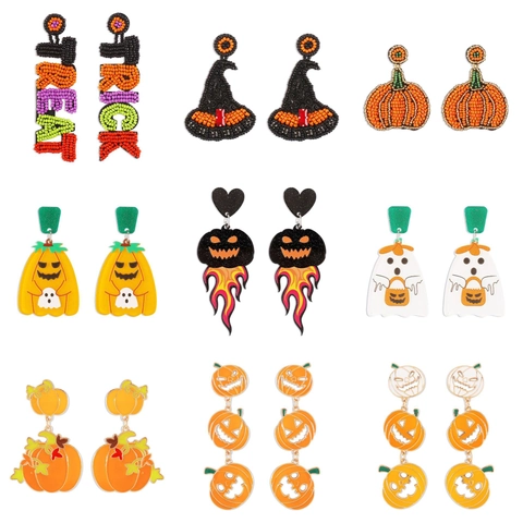 Halloween Pompoen Geest Hangende Oorbellen Voor Vrouwen Handgemaakt Kraalwerk Acryl Emaille Heksenhoed Schedel Grappige Gothic Party Sieraden