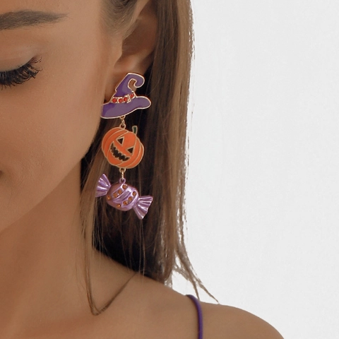 Orecchini Pendenti Zucca di Halloween Cappello da Mago Caramella Per Donna Lega Strass Spaventosi Divertenti Orecchini Gioielli Festa