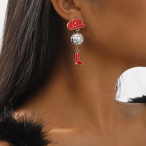 Pendientes Largos Asimétricos de Estilo Vaquero del Oeste Con Sombrero y Bota de Esmalte y Bola de Discoteca Joyería de Moda