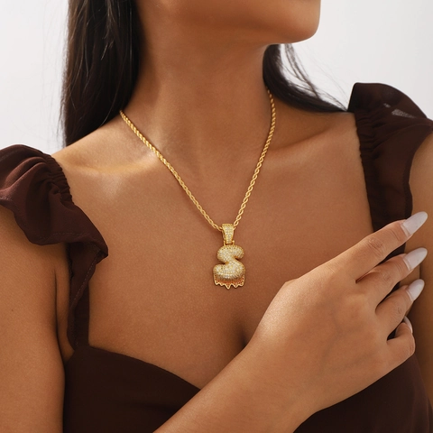Collar de Alfabeto Inicial Hip Hop de Cobre Lava Goteando para Mujer Oro Circonia 26 Letras Colgante Joyería