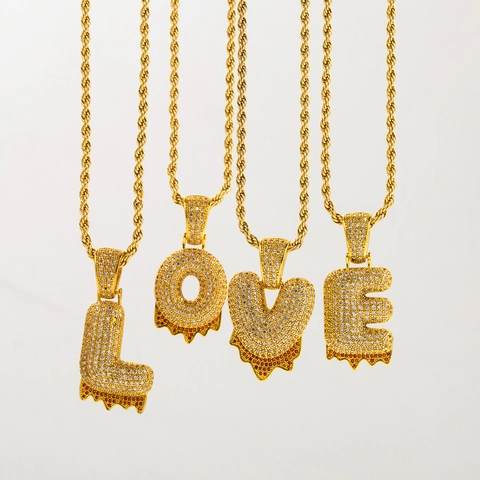 Collar de Alfabeto Inicial Hip Hop de Cobre Lava Goteando para Mujer Oro Circonia 26 Letras Colgante Joyería