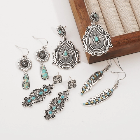 Vintage Bohemian Ethnic Alloy Earrings For Women Ancient Silver Engraved Artificial Turquoise Dangle Drop Earrings Jewelry