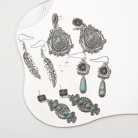 Vintage Bohemian Ethnic Alloy Earrings For Women Ancient Silver Engraved Artificial Turquoise Dangle Drop Earrings Jewelry