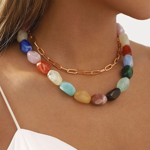 Collar de Doble Capa de Resina con Cuentas para Mujer Cadena de Aleación de Oro Multicolor Gargantilla de Verano