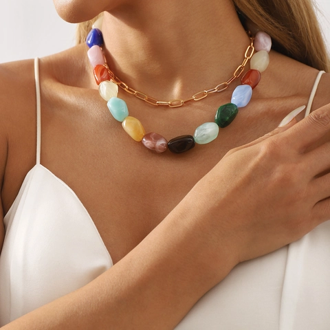 Collar de Doble Capa de Resina con Cuentas para Mujer Cadena de Aleación de Oro Multicolor Gargantilla de Verano