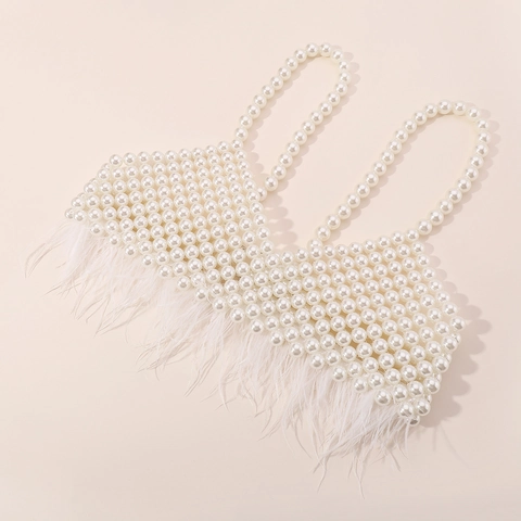 Handmade Artificial Pearl Body Chain Bralette Sexy Faux Artificial Pearl Vest With Feather Tassel Party Body Jewelry For Women Fashion Accessory