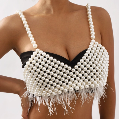 Handmade Artificial Pearl Body Chain Bralette Sexy Faux Artificial Pearl Vest With Feather Tassel Party Body Jewelry For Women Fashion Accessory