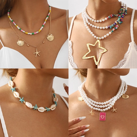 Conjunto de Collar y Pendientes Bohemio con Colgante de Estrella de Mar y Caracola Aleación Estilo Playa Joyería para Mujer