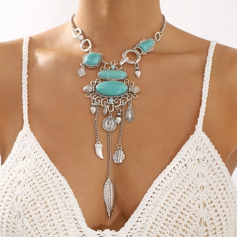 Collar Statement Étnico Vintage Bohemio Aleación Turquesa Simulada Moneda Pluma Colgante Collar en Capas Joyería para Mujer