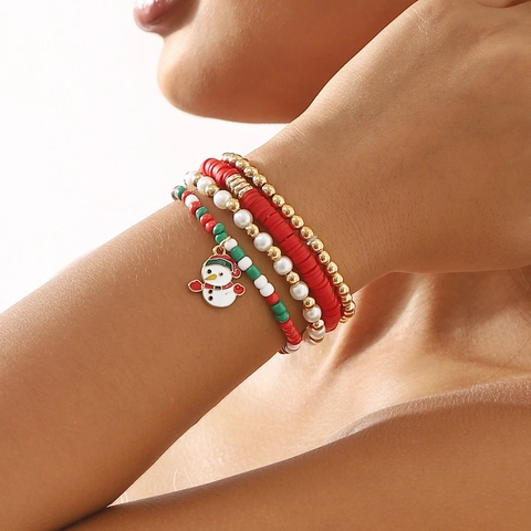 Juego de Pulseras de Cuentas de Navidad para Mujer Arcilla Polimérica Aleación Perla Artificial Muñeco de Nieve Reno Copo de Nieve Joyería