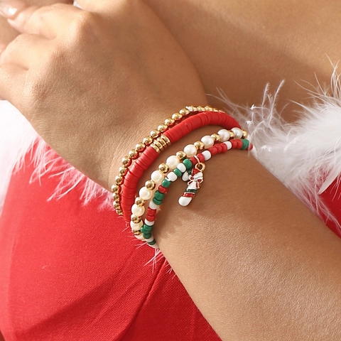 Juego de Pulseras de Cuentas de Navidad para Mujer Arcilla Polimérica Aleación Perla Artificial Muñeco de Nieve Reno Copo de Nieve Joyería