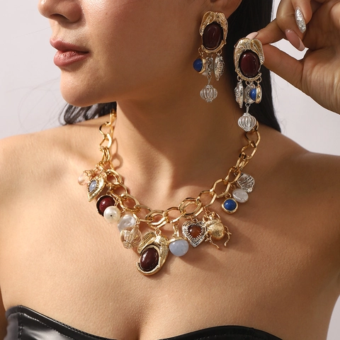 Vintage Gold Alloy Jewelry Set With Beetle Heart Pendant Necklace And Faux Artificial Pearl Gemstone Dangle Earrings For Women Jewelry