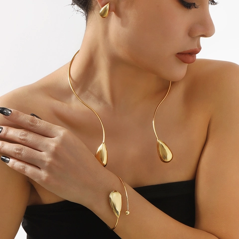 Joyas Minimalistas de Hierro Galvanizado Gota de Agua Con Collar Gargantilla Pulsera Pendientes de Botón para Mujer Accesorio