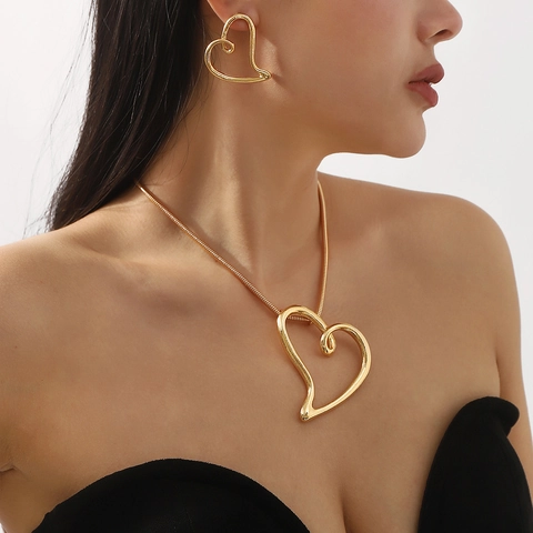 Conjunto de Collar y Pendientes de Corazón Asimétrico Hueco de Aleación de Moda Oro Plata Joyas Simples para Mujer Regalo de San Valentín