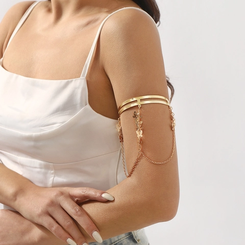 Bohemian Gold Plated Alloy Butterfly Shell Tassel Arm Cuff For Women Retro Beach Vacation Adjustable Armband Jewelry