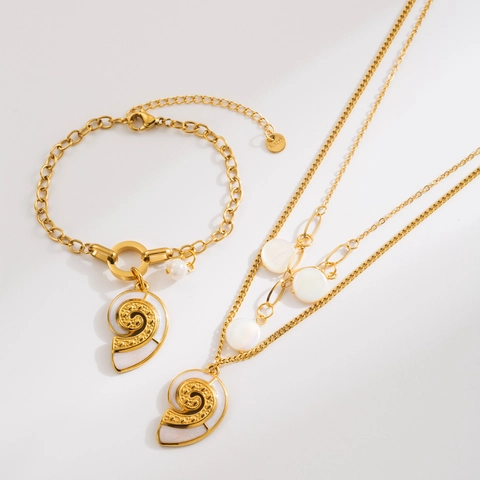 14K Gold Plated Stainless Steel Sea Snail Shell Pendant Necklace And Bracelet Bohemian Ocean Jewelry For Women Accessories