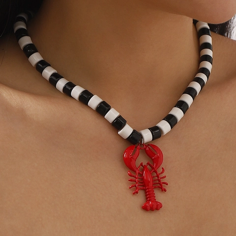 Trendy Hars Kralenketting Met Rode Kreeft Hanger Van Legering Emaille Voor Dames Gepersonaliseerde Mode Sieraden Sleutelbeenketting