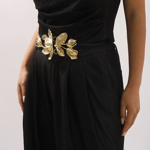 Retro Übertriebene Goldene Tulpenblüte Schnalle Taillenkette Mehrsträngige Schwarze Lederseil Gürtel Für Damen Party Kleid Dekor