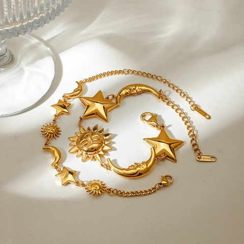 Stainless Steel Celestial Charm Bracelet With Sun Moon Star Pendants For Women Gold Plated Bohemian Jewelry