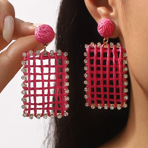 Women Bohemian Geometric Raffia Braided Rectangle Earrings Rhinestone Hollow Mesh Drop Dangle Earrings Alloy Vacation Jewelry