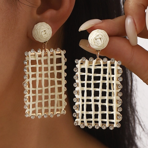 Women Bohemian Geometric Raffia Braided Rectangle Earrings Rhinestone Hollow Mesh Drop Dangle Earrings Alloy Vacation Jewelry