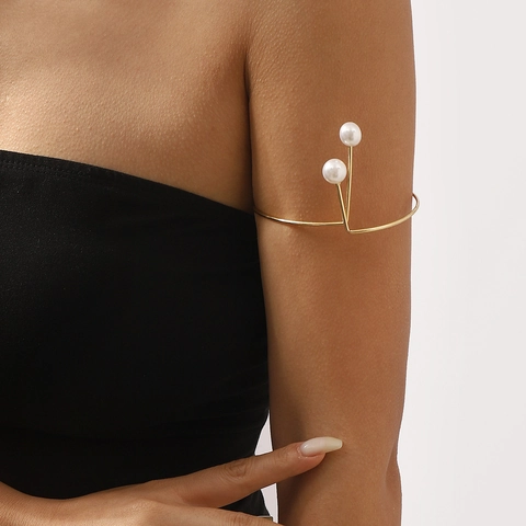 Brazalete de Brazo Minimalista de Hierro Chapado en Oro para Mujer con Perlas Artificiales Brazalete Abierto Geométrico Joyería de Moda