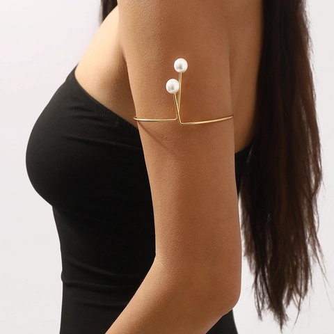 Brazalete de Brazo Minimalista de Hierro Chapado en Oro para Mujer con Perlas Artificiales Brazalete Abierto Geométrico Joyería de Moda