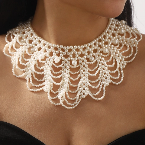 French Vintage Court Style Luxurious Woven Artificial Pearl Bib Necklace Elegant False Collar Choker For Women Party Jewelry