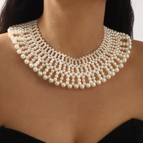 French Vintage Court Style Luxurious Woven Artificial Pearl Bib Necklace Elegant False Collar Choker For Women Party Jewelry