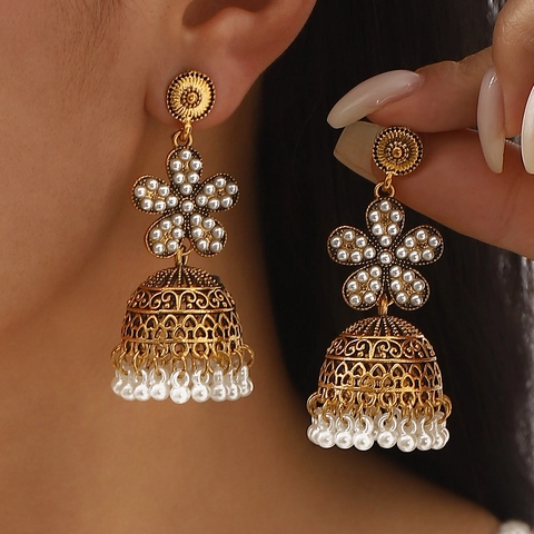 Vintage Bohemian Alloy Bell Earrings Ethnic Flower Inlaid Rhinestone Artificial Pearl Tassel Dangle Earrings For Women Jewelry