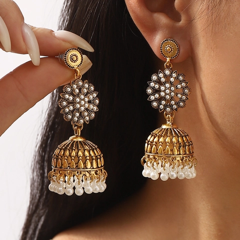 Vintage Bohemian Alloy Bell Earrings Ethnic Flower Inlaid Rhinestone Artificial Pearl Tassel Dangle Earrings For Women Jewelry