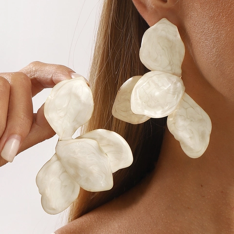 Pendientes de Botón de Flor Grande Exagerados para Mujer Elegante Textura de Mármol Aleación Pétalo Con Poste de Acero