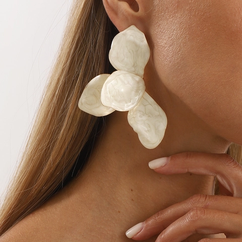 Pendientes de Botón de Flor Grande Exagerados para Mujer Elegante Textura de Mármol Aleación Pétalo Con Poste de Acero