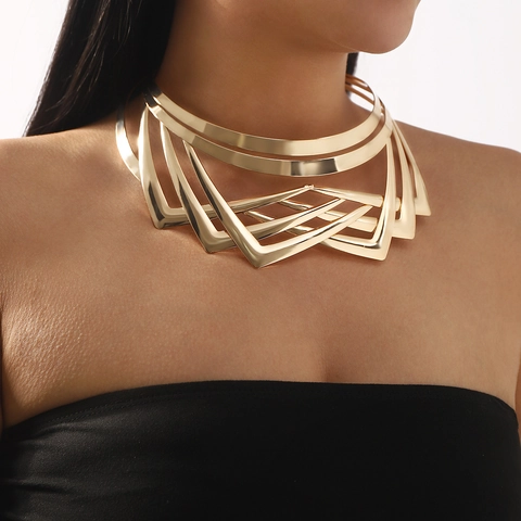 Exaggerated Geometric Iron Multi Layer Choker Necklace For Women Gold Silver Plated Statement Bold Fashion Jewelry Accessory