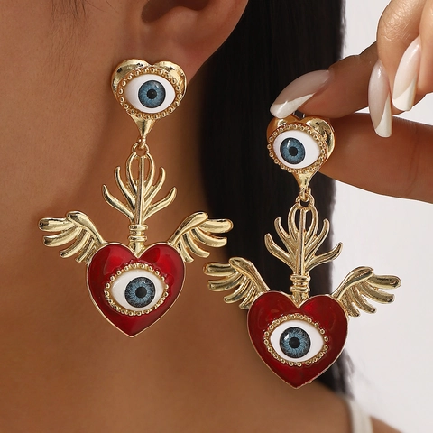 Vintage Gold Legierung Rote Emaille Herz Böser Blick Flügel Ohrhänger Für Damen Bohemian Sacred Heart Dangle Schmuck