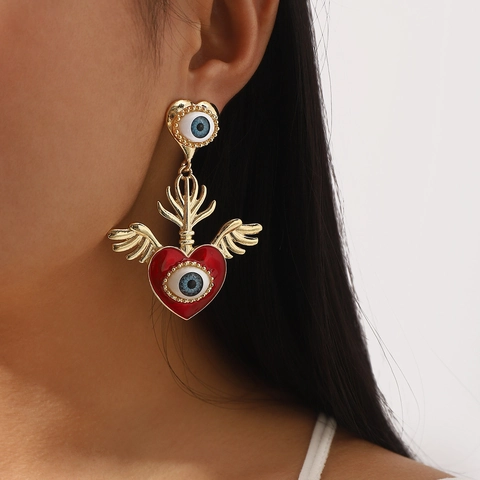 Vintage Gold Legierung Rote Emaille Herz Böser Blick Flügel Ohrhänger Für Damen Bohemian Sacred Heart Dangle Schmuck