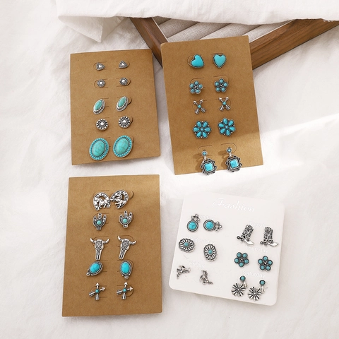 Pendientes de Botón de Turquesa Vintage Bohemio para Mujer Aleación Retro Cabeza de Toro Flor Corazón Cactus Joyería