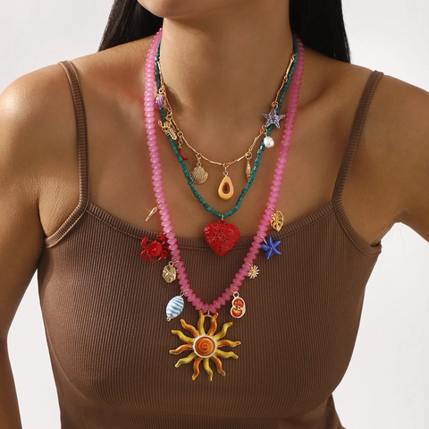 Collar de Cuentas Serie Marina de Playa de Verano Bohemio Aleación Resina Sol Corazón Estrella de Mar Cangrejo Joyería Mujer Vacaciones