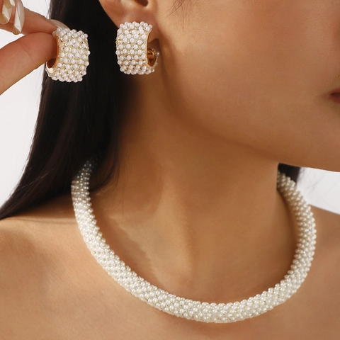 Elegantes Künstliche Perlenimitat Strass Schmuck Zubehör Legierung Choker Halskette Rund C Form Ohrringe Für Damen Hochzeit Party Braut Mode