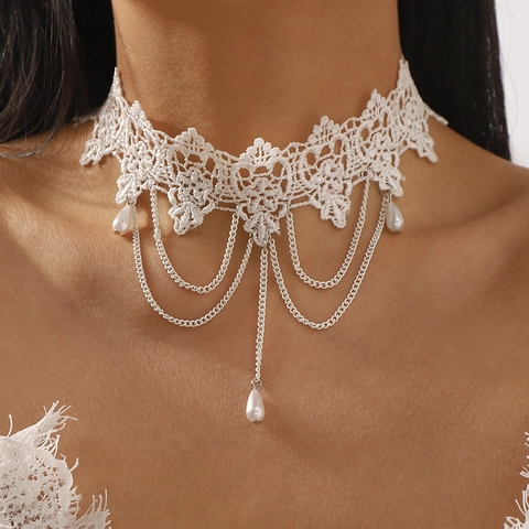 Vintage Gothic Lace Choker Necklace For Women Dark Retro Artificial Pearl Tassel Metal Chain Adjustable Neck Jewelry Accessory