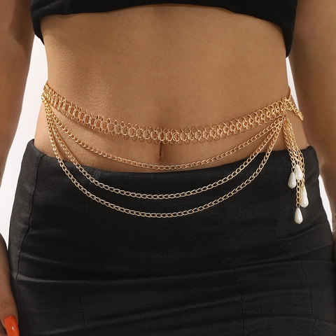 Catena da Vita Multistrato in Lega d'Oro Catena Corpo Con Pendenti in Perla Artificial Per Mare Estate Bikini Gioielli Donna