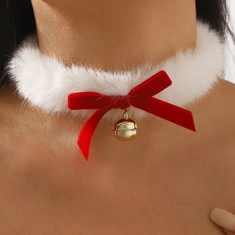 Faux Fur Bow Bell Choker Necklace Velvet Ribbon Plush Collar For Women Christmas Party Sweet Cosplay Jewelry Neckwear Gift